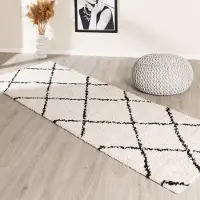 FRAAI Tapis de couloir à poils longs - Grand Lines Crème/Noir | 80x300 cm | Tapis de couloir | Pile haute