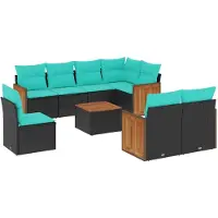 vidaXL Ensemble de 9 canapés de jardin avec coussins, polyrattan noir