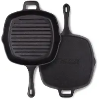 Chefarone Poêle à griller en fonte – 25,5 cm – Compatible induction, gaz, four et barbecue – Poêle à griller carrée à rainures – Sillons de cuisson parfaits et répartition optimale de la chaleur –