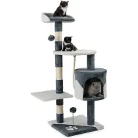 Lionto Arbre à chat pour chats, hauteur 112 cm, avec grotte, corde en sisal, boules en peluche & support mural, arbre à grimper compact, gris/blanc