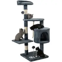 Lionto Arbre à chat pour chats, hauteur 112 cm, avec grotte, corde en sisal, boules en peluche & support mural, arbre à grimper compact, gris foncé
