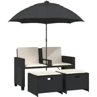 vidaXL Canapé de jardin 2 places parasol et tabouret noir poly rotin