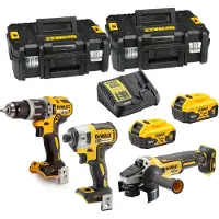 DeWalt Pack 3 outils 18V DCK384P2T-QW : perceuse-visseuse à percussion DCD796, meuleuse Ø125mm DCG405 et visseuse à choc DCF887 avec 2 coffrets et 2 batteries