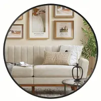 Songmics Miroir Rond, Miroir Mural, Diamètre 50 cm, Cadre en métal, Facile à installer, pour salle de bain, Salon, Chambre, Entrée, Couloir, Noir d'encre