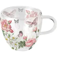 Ambiente Tasse À Thé En Verre Double Paroi Papillons Et Fleurs Roses