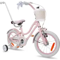 Sun baby Vélo pour filles Heart Bike 14 pouces, à partir de 3 ans, avec roues d'appoint, barre de poussée amovible, panier, sonnette, frein à rétropédalage et frein V-Brake
