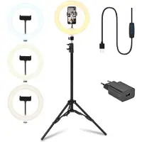Infinity Goods Ring Light With Tripod - LED - 3 Colours - Adjustable Tripod Up to 186m - Includes Plug - Selfie Ringlight for Tiktok / Instagram / Youtube / Streaming / Working at Home - Black