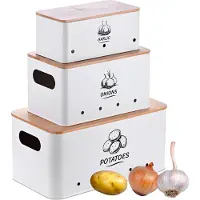 Relaxdays Lot de 3 boîtes de rangement , pour pommes de terre, oignons, ail, avec couvercle, boîtes de conservation pour la cuisine, en métal, blanc