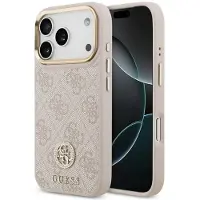 GUESS Coque arrière en cuir avec logo Strass classique et MagSafe Apple iPhone 17 Pro - Rose