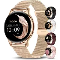 Maoo Ventura AMOLED Smartwatch Ladies - Acier inoxydable et bracelet en silicone 3x - Podomètre - Moniteur de fréquence cardiaque - Moniteur de sommeil - Multisport - Convient à Android et iOS - Rose