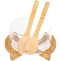 Cheffinger Saladier En Verre Base Bambou Avec Ustensiles Inclus Ultra Pratique Transparent