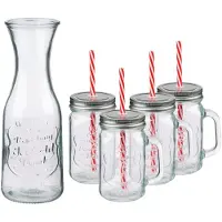 Pricenet Alpina Ensemble Verrerie 6 Pièces - Carafe En Verre 1l Et Verres À Eau - Verres Mason Jar Avec Couvercle Et Paille - Verre À Eau Design Élégant Pour Boissons Et Cocktails