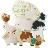 Le Toy Van Jouet en bois à empiler - - PL141 - 9 animaux de la ferme - Sac en coton - Beige