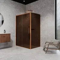 Balmani Senses Design douche en coin avec porte coulissante à gauche et paroi latérale fixe, 140 x 90 cm, Bronze, Profil Brushed Rosegold