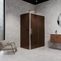 Balmani Senses Design douche en coin avec porte coulissante à droite et paroi latérale fixe, 160 x 80 cm, Bronze, Profil Brushed CoolMetal