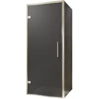 Balmani Senses Design douche en coin avec porte pivotante à gauche et paroi latérale fixe, 90 x 90 cm, Verre fumé, Profil Brushed CoolMetal, coating
