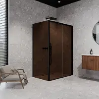 Balmani Senses Design douche en coin avec porte coulissante à droite et paroi latérale fixe, 160 x 80 cm, Bronze, Profil Noir mat