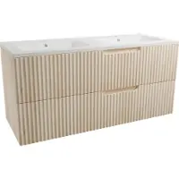 Linie Ribbo meuble salle de bains suspendu 120 x 46 cm chêne clair avec Vano double vasque en marbre composite blanc mat, Nervure circulaire