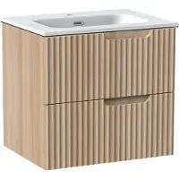 Linie Ribbo meuble salle de bains suspendu 60 x 46 cm chêne clair avec Baro plan simple en porcelaine blanc brillant, Nervure circulaire symétrique
