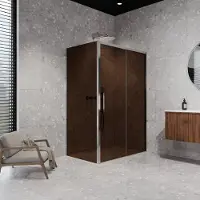 Balmani Senses Design douche en coin avec porte coulissante à droite et paroi latérale fixe, 140 x 90 cm, Bronze, Profil Chrome brillant