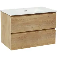 Linie Lado meuble salle de bains suspendu 80 x 46 cm chêne naturel avec Baro plan simple en porcelaine blanc brillant