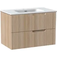 Linie Ribbo meuble salle de bains suspendu 80 x 46 cm chêne clair avec Baro plan simple en porcelaine blanc brillant, Nervure circulaire symétrique