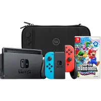 Nintendo Switch Rouge/Bleu + Super Mario Bros. Wonder + BlueBuilt Housse de Protection