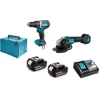 Makita DLX 2272 TJ Kit combiné meuleuse d'angle sans fil DGA 513 + perceuse-visseuse à percussion sans fil DHP 484 + 2x batterie 5,0 Ah + chargeur + Makpac