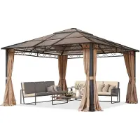 TOOLPORT Tonnelle de jardin 4x4 m hardtop pavillon - toit en polycarbonate env. 6 mm - 4 parois latérales taupe