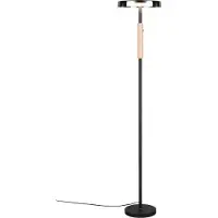 TRIO Lampadaire moderne noir avec élément en bois clair abat-jour rond en verre fumé pour salon chambre 160 cm couleur chaude LED 15W CELESTE