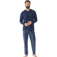Mey Pyjama long 'Straight' bleu / bleu foncé / blanc
