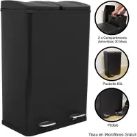 Monster Poubelle de Recyclage Noir Double Bac Avec Pédale 2 en 1 60 L Acier Inoxydable