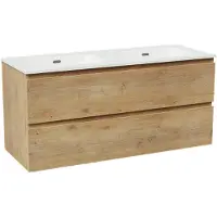Linie Lado meuble salle de bains suspendu 120 x 46 cm chêne naturel avec Baro double vasque en porcelaine blanc brillant