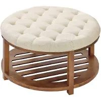 Vevor Grande table basse ronde (810 x 810 x 476 mm) avec plateau en bois massif, ottomane rembourrée massive avec repose-pieds en lin pour chambre à coucher salon, 158,76 kg, couleur lin