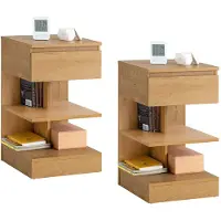SoBuy Set of 2 Side Table, Nightstand with 1 Drawer and 3 Shelves, Multifunctional Coffee Table for Bedroom or Living Room, Scandinavian Design, Natural Wood Brown, 39x65x39cm, FBT49-Nx2