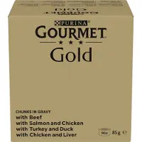 Purina Gold Morceaux en sauce 96x85 g au bœuf, saumon et poulet, dinde et canard, poulet et foie, nourriture humide pour chats