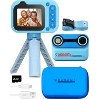 ODESSEY Caméra étanche pour enfants - avec trépied - Full HD - Caméra selfie - Carte SD 32 Go - Photo - Vidéo - Jeux - Caméra numérique pour enfants - Caméra photo pour enfants - Bleu