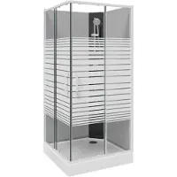 SanyOne Armin cabine de douche avec portes coulissantes 90 x 90 cm verre transparent avec motif blanc profil blanc avec robinet