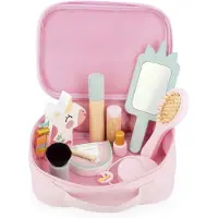 Janod Jouet d'imitation - - Mallette beauté Licorne - 10 accessoires en bois - 3 ans et plus - Rose