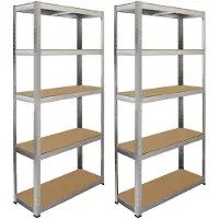 Monster Racking : 2 unités d'étagage argentées, 5 niveaux + établi, acier galvanisé, rangement garage et remise