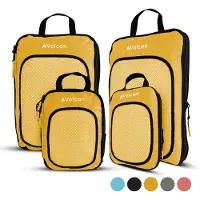 VOLCAN Cubes de compression - Organiseur de valise - Avec zips de compression - Sac à dos et valise - Lot de 4 - Ocre