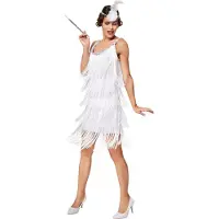Dressforfun Costume de femme Charleston Diva - Taille L - Blanc - Robe à franges avec bandeau et plume