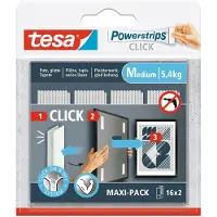 TESA Powerstrips CLICK MEDIUM, 5,4 kg, 16 x 2 bandes multipack, adhésives, pour fixation murale