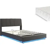 En.casa LED Lit rembourré 'Tröstiar' avec coffre de lit et matelas Lin 160 x 200 cm Noir
