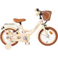 Volare Vélo Ashley 14 pouces pour filles, couleur crème – deux freins à main, roues d'entraînement amovibles, panier avant, porte-bagages, guidon et selle réglables, garde-chaîne fermé, réflecteurs
