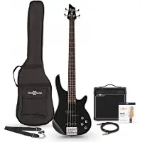 Gear4Music Pack Guitare Basse Chicago Noir + Ampli 15 W & Accessoires