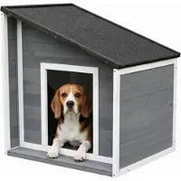 Relaxdays Niche pour chien , en bois, résistante aux intempéries, toit incliné rabattable, niche pour petits chiens, dimensions intérieures : 77 x 71 x 58 cm, gris/blanc