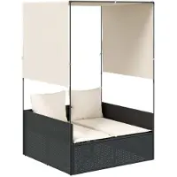 vidaXL Bain de soleil double avec toit et rideaux Noir Poly-Rattan