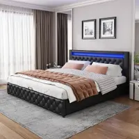 OEM Lit fonctionnel noir avec sommier à lattes et espace de rangement, éclairage LED, fonction de rangement, 140 x 200 cm, revêtement en PU