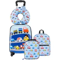 Vevor Valise Enfant 32x23x45 cm Bagage Enfant Fille Garçon Valise Cabine Rigide à Roulettes Motif Camion avec Sac à Dos